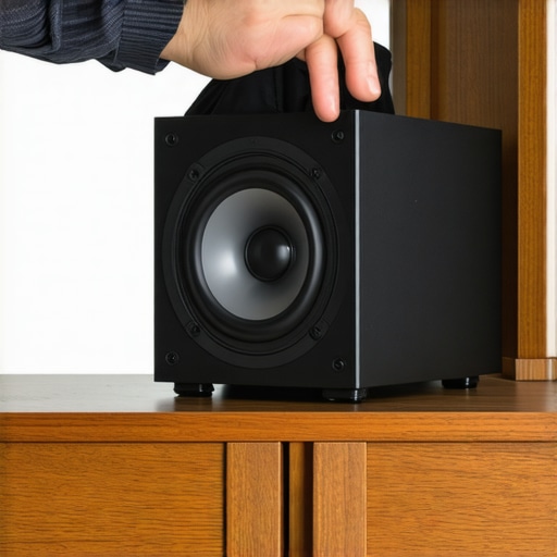 Optimizing Center Channel Speaker Placement A hand moving a home cinema speaker out of a cabinet for better sound clarity