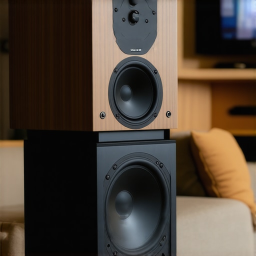 Optimizing Center Channel Speaker Placement A center channel speaker tilted upwards on a stand for better dialogue clarity.