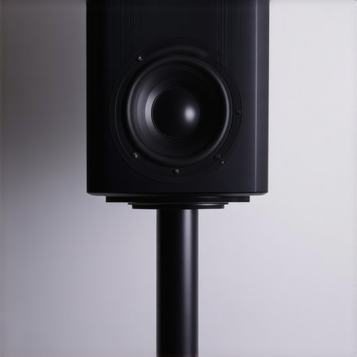 Optimizing Center Channel Speaker Placement A center channel speaker angled upwards on a professional stand for better dialogue clarity.