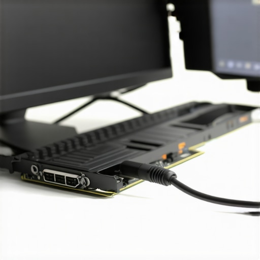 Close-up of a DisplayPort cable connecting to a GPU for a multi-monitor setup