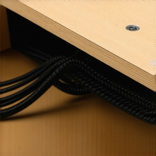 A neat bundle of computer cables being routed safely through a wooden desk hole grommet.