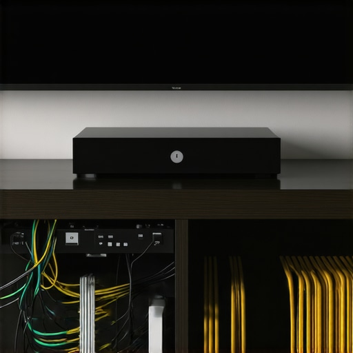 Organized home theater power and cable setup Clean cable management and power conditioner for a home cinema setup.