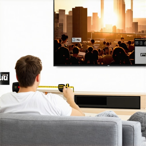 Person measuring distance between sofa and TV using string