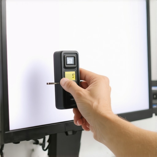 Precision Leveling for Desktop Monitors A person using a torpedo level to ensure a computer monitor is perfectly horizontal on its stand.