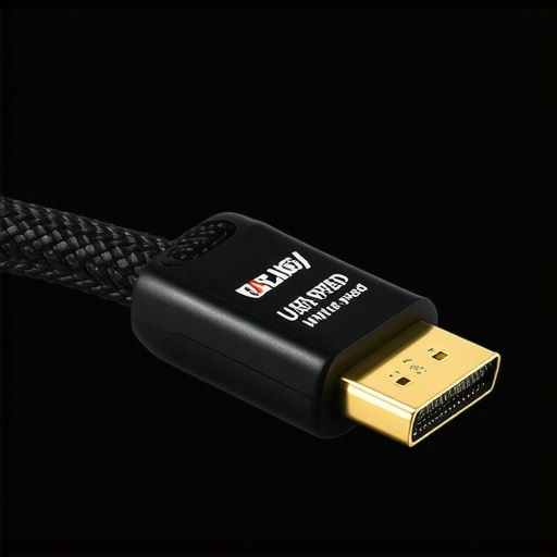 Premium HDMI Cable Certification Close-up of a certified Ultra High Speed HDMI cable for home theater.