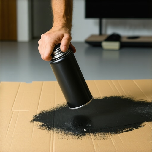 A person spray painting a cardboard panel matte black to absorb reflections for a DIY home theater glare guard.