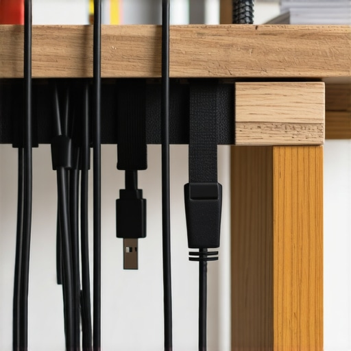 Pro Cable Management with Velcro Straps Close-up of neatly bundled cables secured to a desk leg with velcro for a clean workspace.