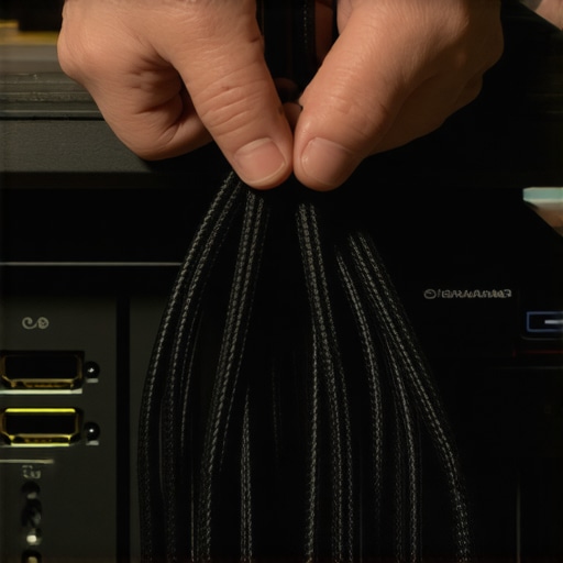 Person using velcro straps to organize home theater cables behind an AV receiver