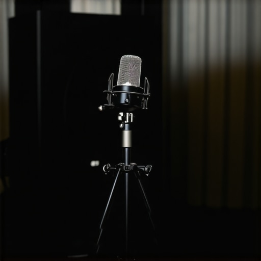 Professional Calibration Tools for Home Theater A measurement microphone on a tripod used for calibrating subwoofer bass response in a home cinema.