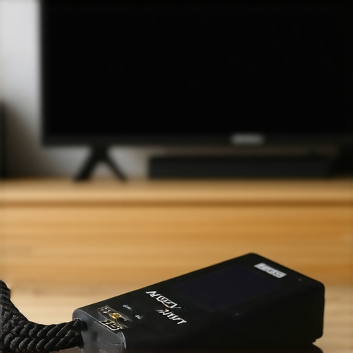 Professional HDMI Cable Tester for Home Cinema Maintenance A digital HDMI cable tester being used to check signal integrity on a home theater setup.