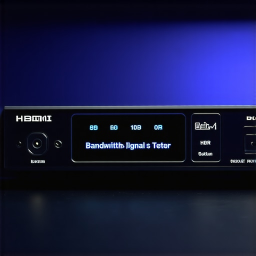 A technician using an HDMI tester to verify the 48Gbps bandwidth of a home cinema switcher.