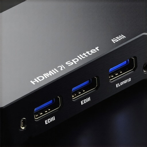 Professional HDMI Splitter Hardware Detail Close-up of an active HDMI splitter with EDID switches and power input