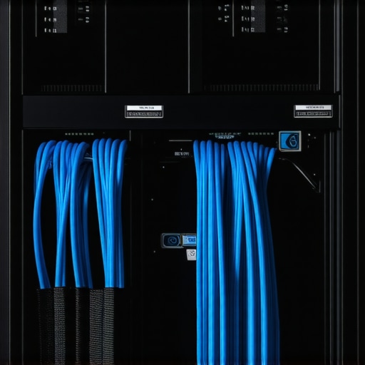 Neatly organized HDMI cables and power cords behind a home theater system using velcro straps.