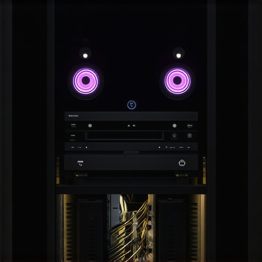 A well-ventilated home theater equipment rack with active cooling fans and organized wiring.