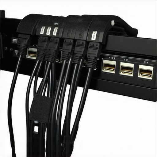 Professional Home Theater Cable Management Close-up of organized HDMI cables and port savers behind a television.