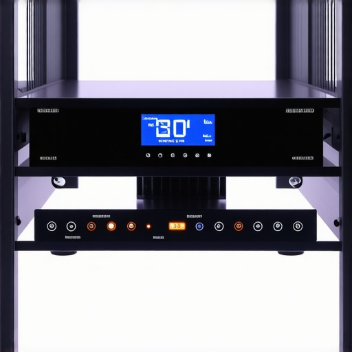 A digital thermal controller monitoring the temperature of home cinema equipment in a dark rack.