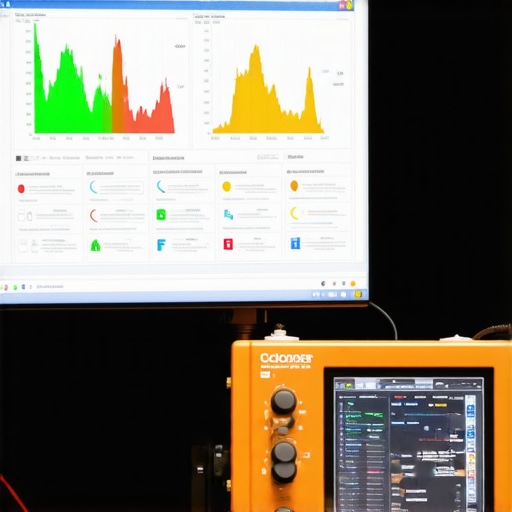 Professional Monitor Calibration Tool in Action A colorimeter device calibrating a high-end monitor for color accuracy in a dark home office.