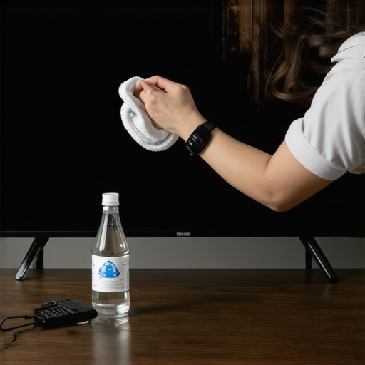 Close-up of cleaning a professional OLED screen with a microfiber cloth and distilled water.