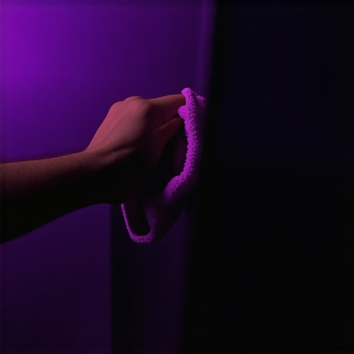 Professional OLED Screen Cleaning with Bias Lighting Close-up of cleaning a high-end TV screen with microfiber and bias lighting in background