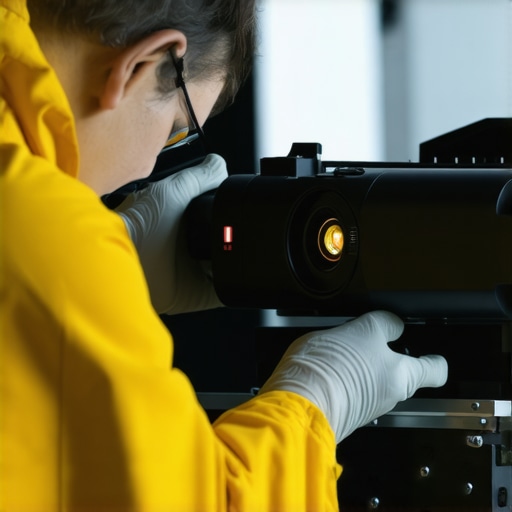 Technician calibrating a home cinema projector for perfect alignment