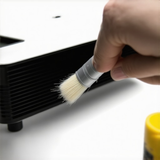 Professional Projector Lens Cleaning A person cleaning a projector lens with an anti-static brush for maintenance.
