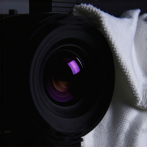 Close-up of cleaning a projector lens with a microfiber cloth