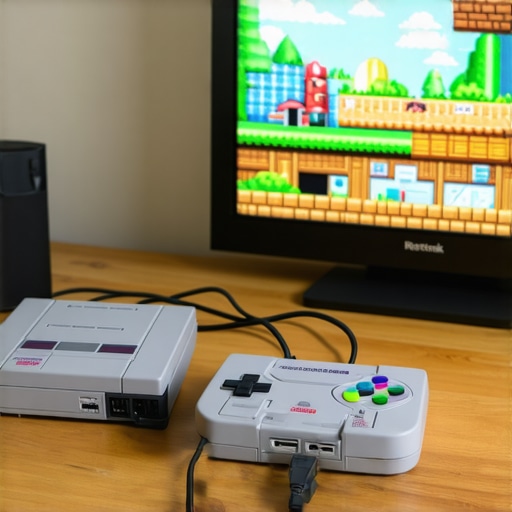 Professional Retro Upscaling Setup A dedicated video upscaler connected to a retro gaming console and a 4K television.
