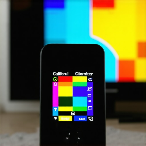 A colorimeter tool calibrating a 4K TV screen for color accuracy.