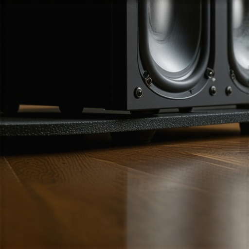 Professional Subwoofer Isolation Platform A subwoofer isolation pad on a hardwood floor to prevent vibration.