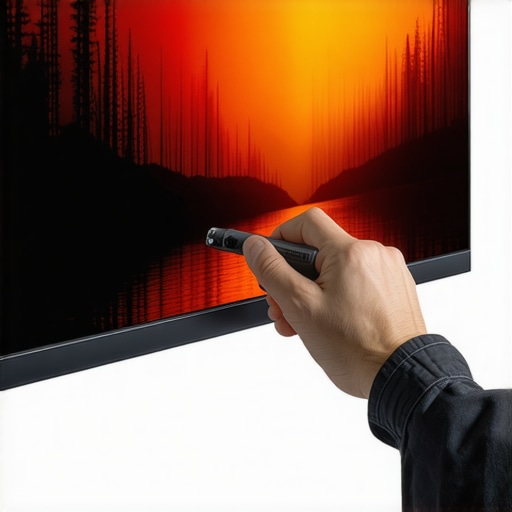 Professional TV Calibration in Home Theater A technician calibrating an OLED TV for peak color accuracy and contrast in a home cinema.