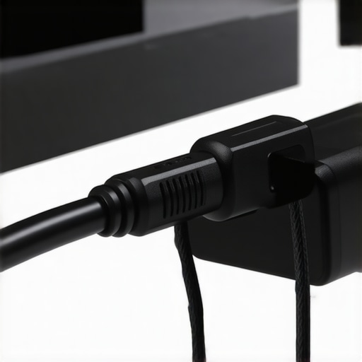 Professional cable management for home theater A technician organizing cables behind a home cinema receiver with high-end power protection
