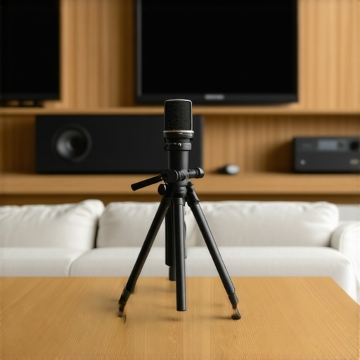 A measurement microphone used for calibrating a hidden subwoofer in a home cinema