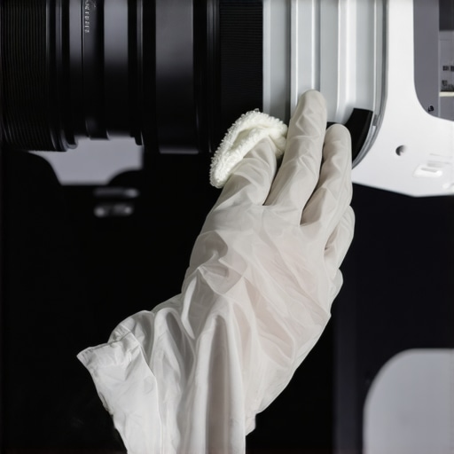 Technician cleaning a projector lens with a microfiber cloth