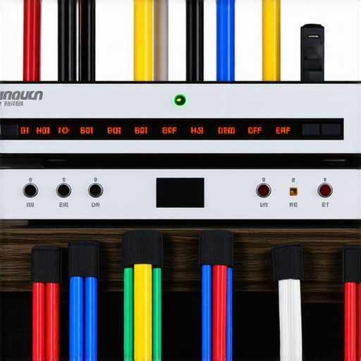Professional home theater power management setup Close up of a power conditioner and organized cables in a home cinema