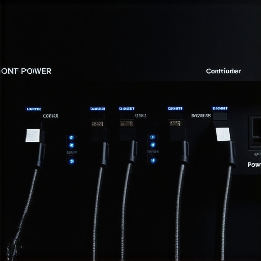 Professional power conditioner and cable management A close-up of a high-end power conditioner with premium cables for home cinema.