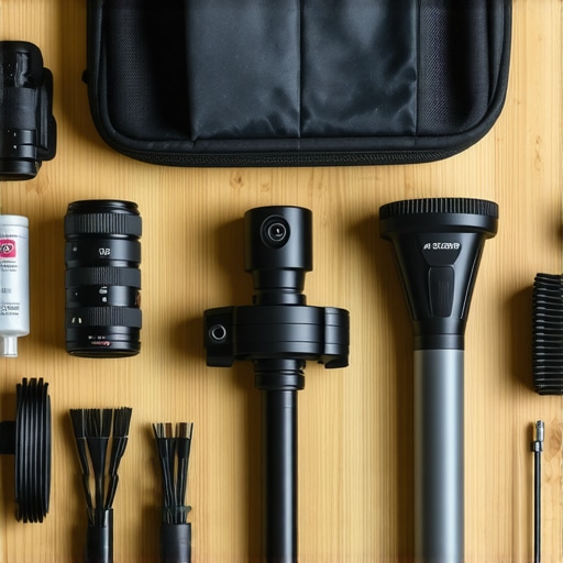 Professional projector maintenance kit and gear bag A collection of projector maintenance tools including a lens blower and microfiber cloth in a dedicated travel bag