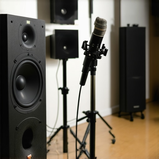 Professional subwoofer calibration setup Close up of a calibration microphone in front of a large home theater subwoofer