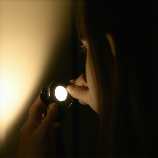 Projector Lens Maintenance with Mirror Trick Person inspecting a projector lens for dust using a mirror and flashlight.