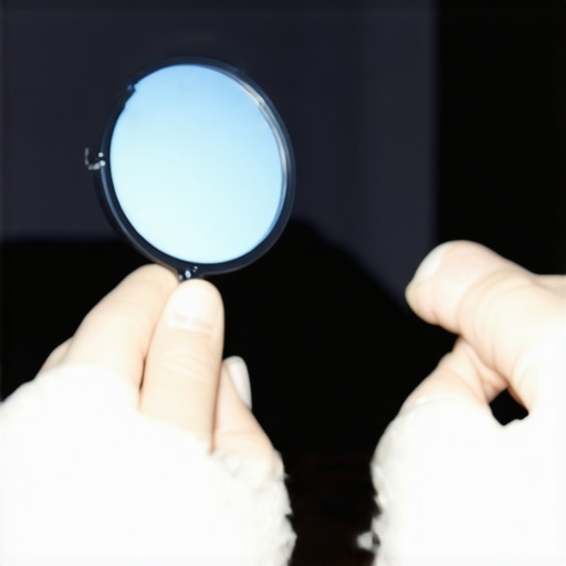 Projector Lens Maintenance with Mirror A person using a mirror to inspect a projector lens for dust particles in a dark room.