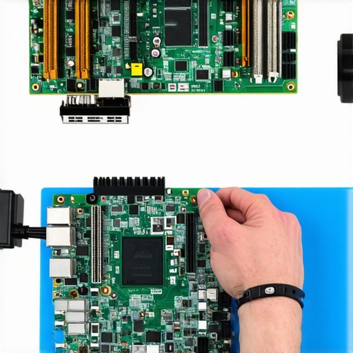 Proper ESD Grounding Setup for PC Building A technician using an anti-static mat and wrist strap to ground themselves while working on a computer motherboard.