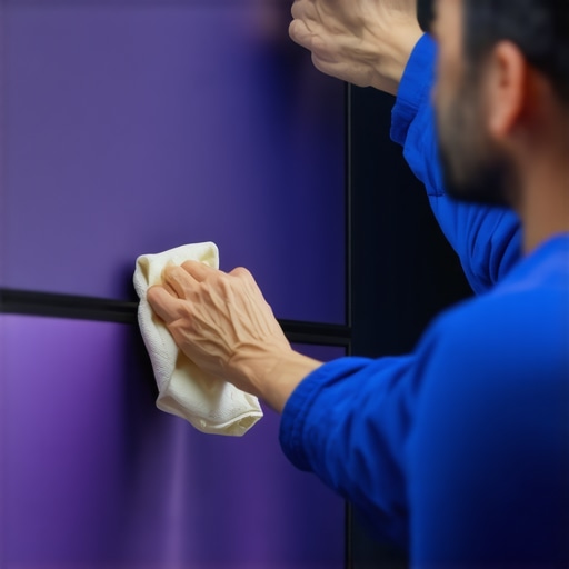 A close-up of a hand using a microfiber cloth to clean a high-end OLED TV screen.