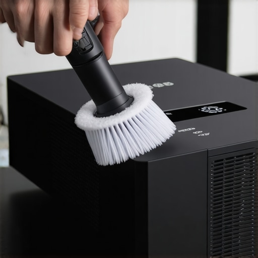 Proper maintenance of home cinema projector vents A close-up of cleaning dust from projector cooling vents to prevent overheating.