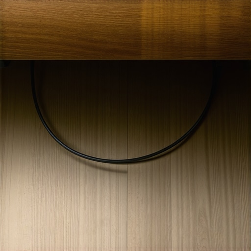 A close-up view of organized cables exiting a desk grommet with proper slack and wraps