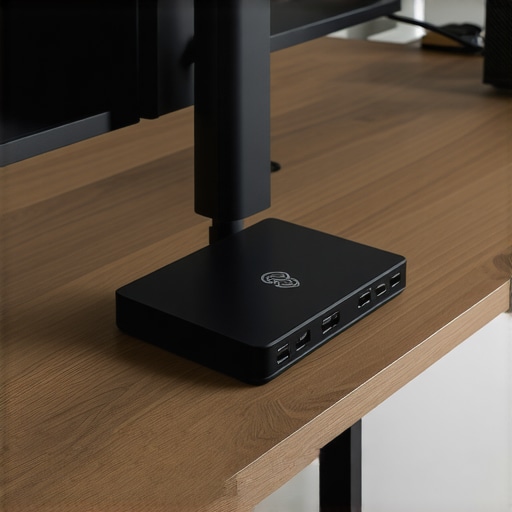 A monitor power adapter secured in a mesh tray under a desk to prevent overheating and improve airflow.