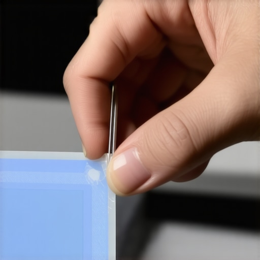 Repairing a peeling monitor screen with archival tape Macro shot of applying transparent tape to fix a delaminating monitor screen edge.