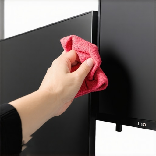 A person cleaning a curved monitor with a microfiber cloth to prevent scratches and dust buildup.