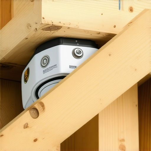 Secure projector mount installation to ceiling joist Close-up of a projector mount bolted into a wooden ceiling joist for maximum stability.