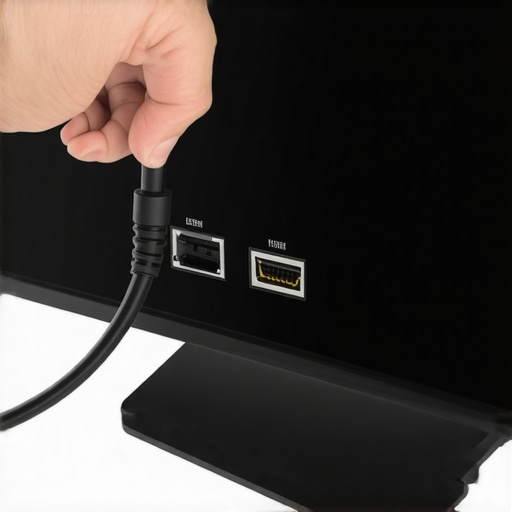 Setting up a wired streaming box connection Close up of cables being plugged into an external streaming device behind a TV.