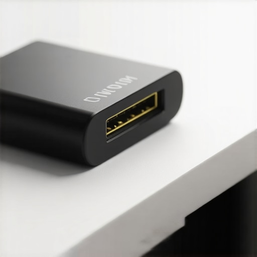 A premium shielded DisplayPort cable resting on a wooden desk showing robust physical construction to prevent ESD