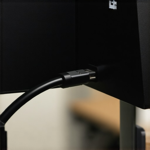 A close-up shot of a heavily shielded DisplayPort cable illustrating proper connection and EMI protection.